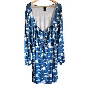 Disney Women's Dress Peter Pan Flying Print Lace Up Long Sleeve Blue Plus Size 5